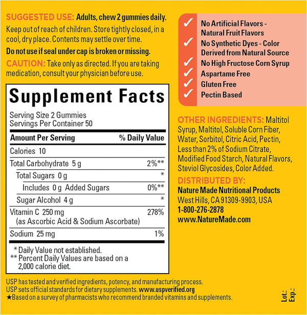 Nature Made Zero Sugar Vitamin C Gummies 250 Mg per Serving, Immune & Antioxidant Support, Aspartame Free, 100 Sugar Free Gummies, 50 Day Supply