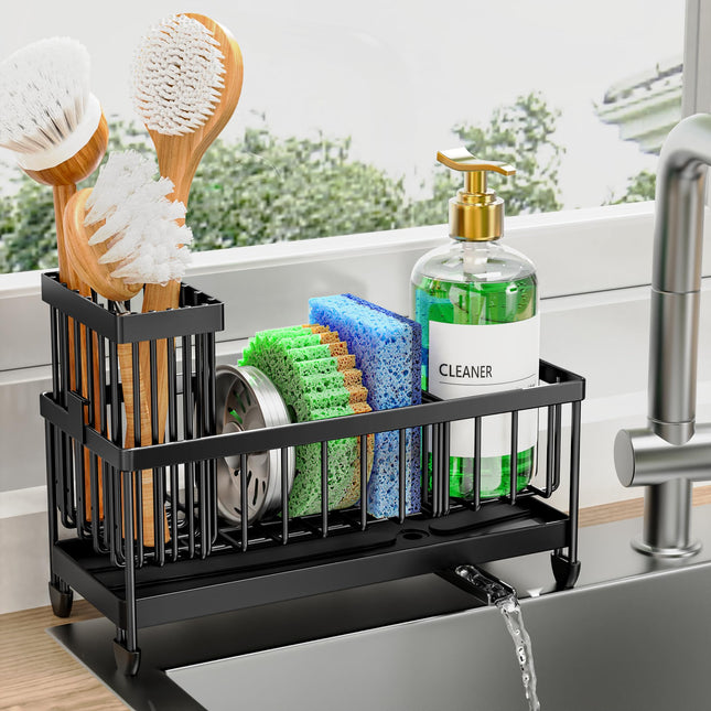 Cisily Black Sponge Holder for Kitchen Sink, Sink Caddy Organizer with High Brush Holder, Kitchen Countertop Organizers 
