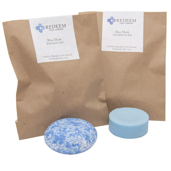 Redeem Soap Company Blue Musk Shampoo Bar and Conditioner Bar, Made in the USA, 3 Oz Shampoo Bar, 1 Oz Conditioner Bar, Zero Waste, No Plastic,