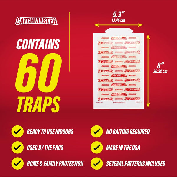 Catchmaster Extra Sticky Insect & Mouse Traps 60-Count, 5.3"x8" Glue Boards for Mice & Insects, Ultra Sticky Rat & MouseTraps Indoor for Home Use