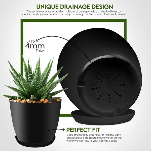 Plant Pots Indoor with Drainage, 5 Pack Multi-Size Planters Set, Black Pack of 5 Black