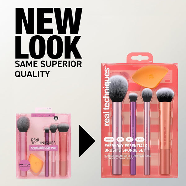 Real Techniques 5 Piece Everyday Essentials Makeup Brush Set, Includes 4 Brushes & Makeup Sponge, for Foundation, Blush, Bronzer, Contour,