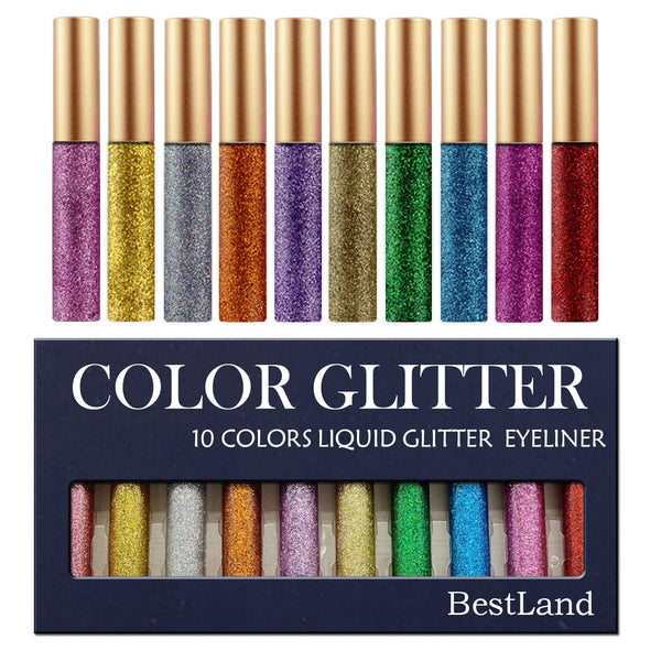 BestLand 10 Colors Liquid Glitter Eyeliner Metallic Shimmer Glitter Eyeshadow Pigment Eyebrown Shimmer Waterproof Face Lips Art for Party Festival