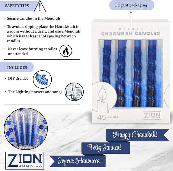 Zion Judaica Ltd Set of 45 Dripless Hanukkah Candles Spiral Candle Includes a DIY Dreidel, Prayer Card, Standard Size Menorah Candles for Eight