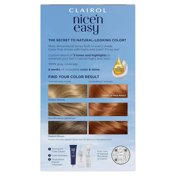 Clairol Nice'N Easy Permanent Hair Dye, 8SC Medium Copper Blonde Hair Color, Pack of 3