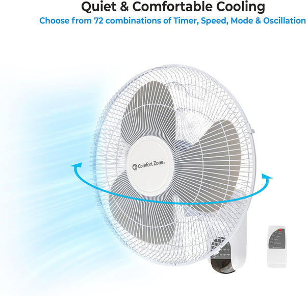 Comfort Zone 16-Inch Fan with Remote Control – Quiet 3-Speed Oscillating Indoor Fan with 90° Wide-Angle Airflow, Timer & Sleep Modes –