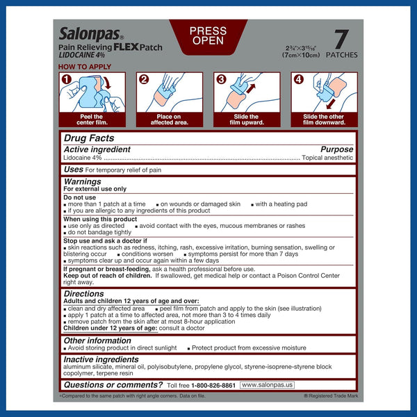 Salonpas Maximum OTC Strength Lidocaine 4% Pain Relieving Flex Patch, Apply for up to 8 Hours, Unscented, Thin, Flexible, Lightweight, Patch Stays
