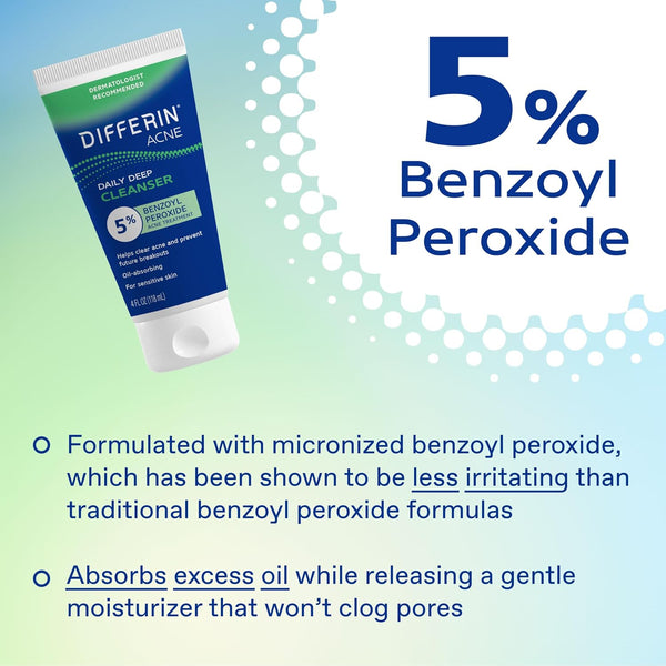 Differin Acne Face Wash, 5% Benzoyl Peroxide Daily Cleanser, 4oz | Gentle Acne Cleanser, Clears Breakouts, Sensitive Skin Safe, Benzoyl Peroxide