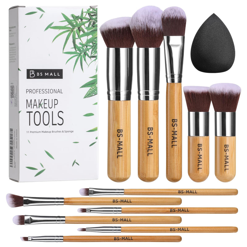 BS-MALL Makeup Brush Set 11Pcs Bamboo Synthetic Kabuki Brush Set Foundation Powder Blending Concealer Eye Shadows Blush Cosmetics Brushes with
