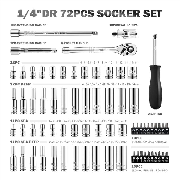 DNA MOTORING TOOLS-00144 72-Piece 1/4" Drive Socket Set with Ratchets, Adapters, Extensions - 4mm -14mm, 5/32 Inch- 9/16 Inch, Cr-V 72 PCs Drive