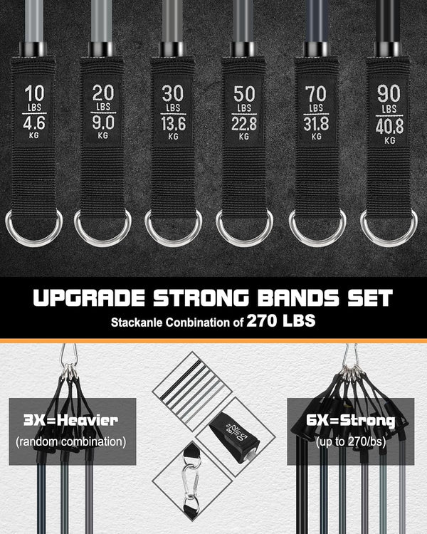 6Pcs Resistance Bands, Workout Bands 270lbs, Exercise Bands with Handles/Door Anchor/Ankle Straps/Bag/Poster for Men, Heavy Resistance Bands for