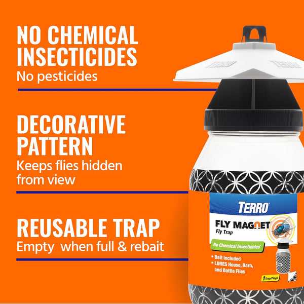 TERRO Fly Magnet Trap, Reusable Poison-Free Outdoor Fly Catcher with Bait | Kills House Flies, Barn Flies & Bottle Flies, Easy to Use Outdoor Fly