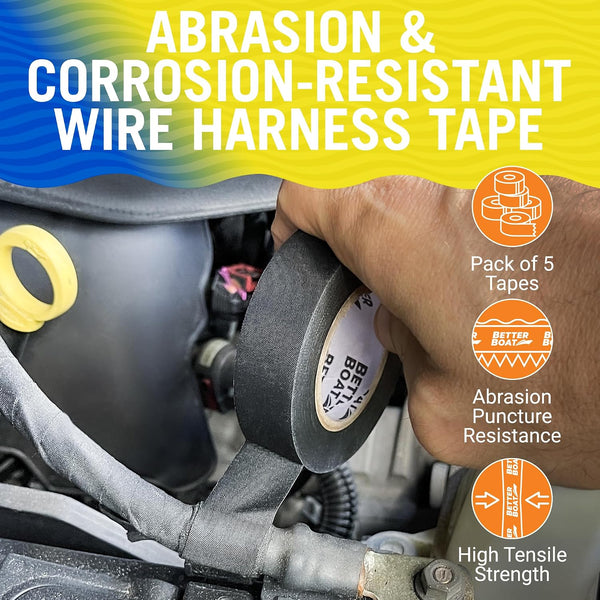Better Boat Wire Harness Tape 5-Pack (250ft) - Cloth Electrical Tape Automotive & Marine Grade, Noise Dampening Wire Loom, Heat Resistant to 250F,