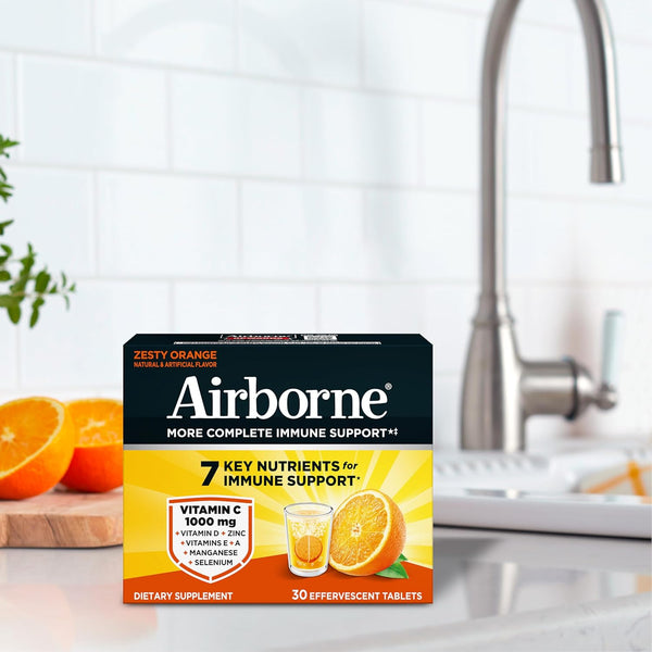 Airborne Vitamin C 1000Mg (Per Serving) - Zesty Effervescent Tablets, Gluten-Free Immune Support Supplement, Echinacea & Ginger, Orange, Citrus,