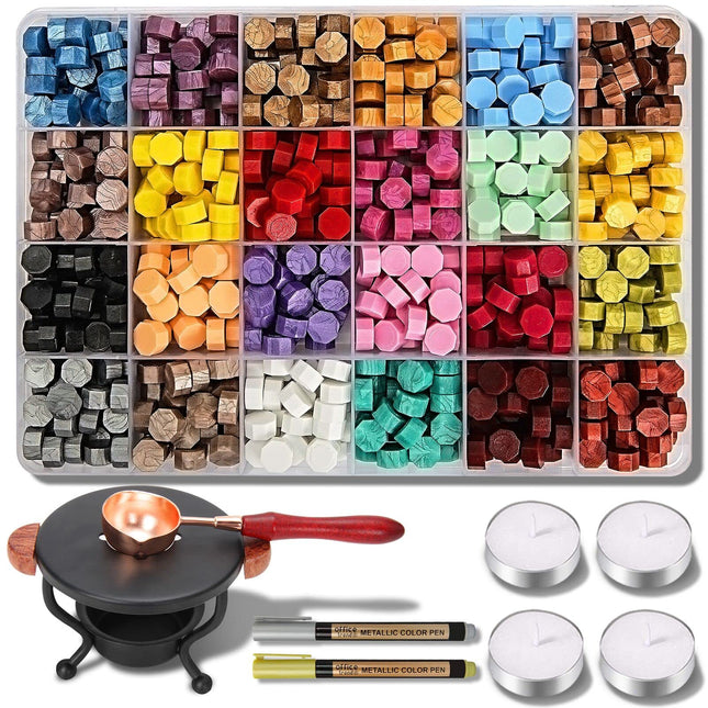YIPLED Sealing Wax Kit - 728 Pcs with 24 Color Beads, 2 Pens, Warmer, Stamp Spoon and Candles for Gift & Envelope Sealin