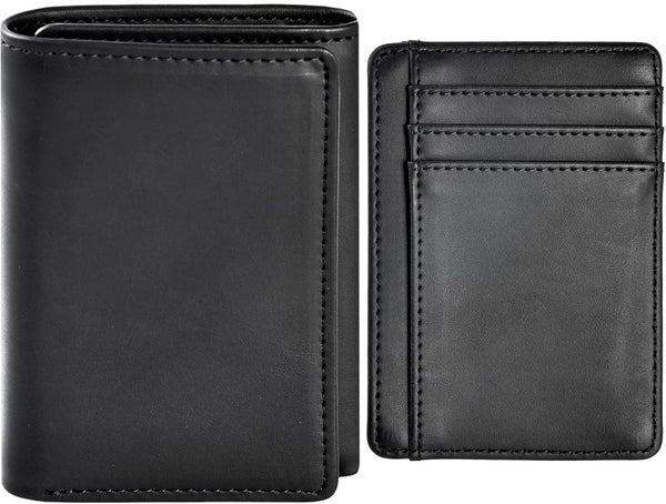 Trifold Wallet for Men, Leather Wallets with 8 Card Slot and 2 Money Pocket and 1 Clear Photo Slot + 1 Minimalist Leather Card Pocket with 6 Card