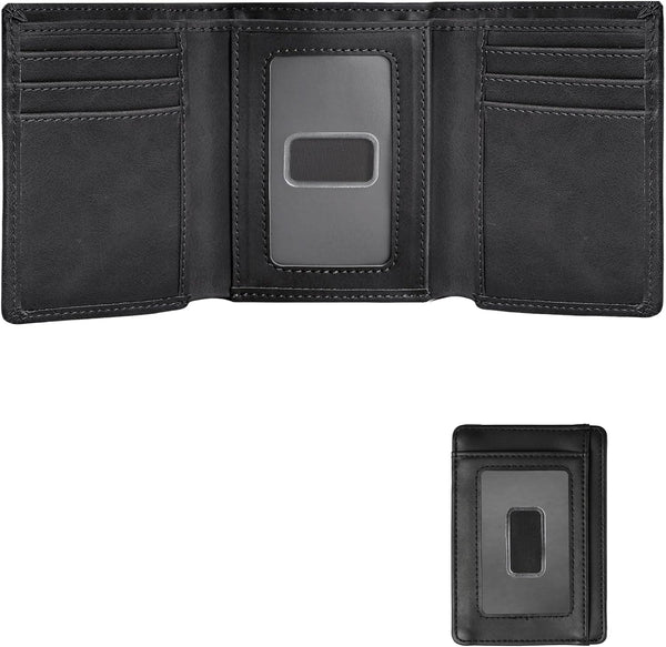 Trifold Wallet for Men, Leather Wallets with 8 Card Slot and 2 Money Pocket and 1 Clear Photo Slot + 1 Minimalist Leather Card Pocket with 6 Card