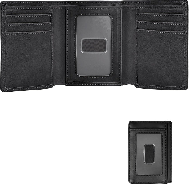 Trifold Wallet for Men, Leather Wallets with 8 Card Slot and 2 Money Pocket and 1 Clear Photo Slot + 1 Minimalist Leather Card Pocket with 6 Card