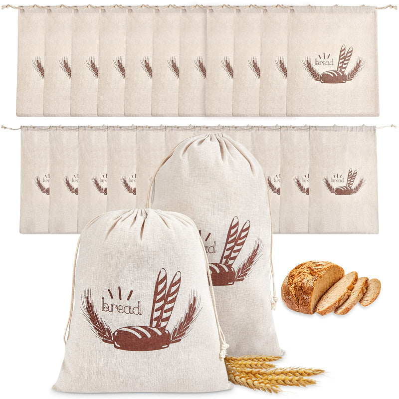 Dunzy 20 Pcs Linen Bread Bag for Homemade Bread Reusable 2 Sizes 10" x 12" and 11" x 17" Unbleached Container Drawstring Natural Bags Storage for