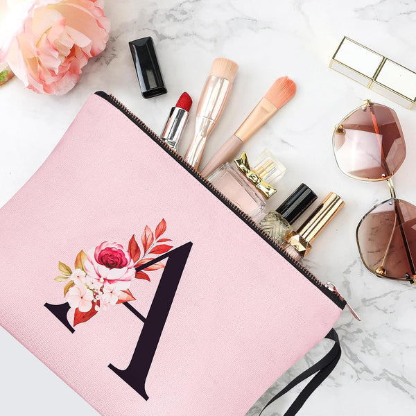 Vavabox A-Z Personalized Makeup Bag, Birthday Gifts for Women Mom, Gifts for Best Friend, Bride Bridesmaid Cosmetic bag (A, 06-Pink) 06-Pink A