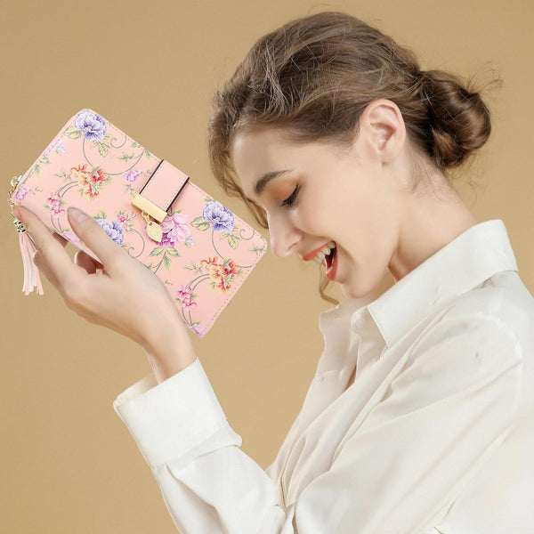 Pomelo Best RFID Wallets for Women PU Leather Multi Card Slots Long Wallet Pink Rattan