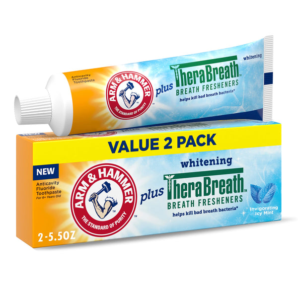 ARM & Hammer Toothpaste Plus TheraBreath Breath Fresheners, ICY Mint Flavor, Teeth Whitening Toothpaste, Anticavity Fluoride for Bad Breath, 5.5