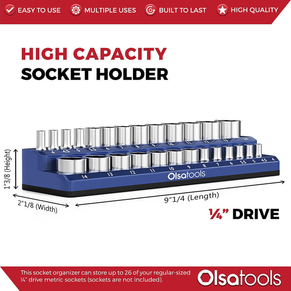 Olsa Tools Magnetic Socket Organizer - 1/4-Inch Drive Metric Socket Holder with Strong Magnets - Professional Tool Holder and Organizer - Stores