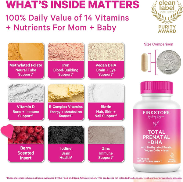 Pink Stork Total Prenatal Vitamins with DHA, Folate, Iron, Choline, and Vitamin B12 - Prenatals for Women to Support Fetal Development, Pregnancy