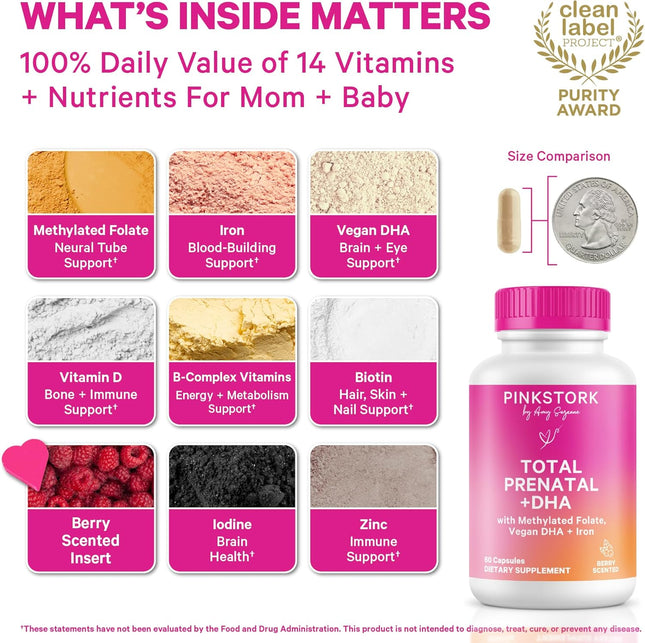 Pink Stork Total Prenatal Vitamins with DHA, Folate, Iron, Choline, and Vitamin 