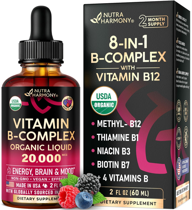 USDA Organic Vitamin B-Complex B5 Pantothenic Acid | B12 Methylcobalamin | B1 Thiamine | B6 Pyridoxine | B7 Biotin | B9 Folic | B3 Niacinamide - B