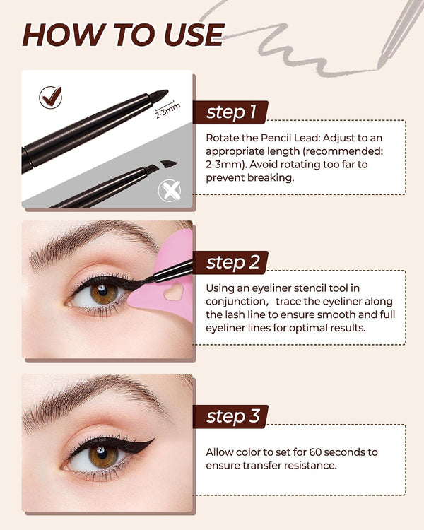 Black Eyeliner Pencil Retractable Gel Eye Liner Pencil Built in Sharpener Waterproof Smudge proof Waterline Eye Liner Pencils Smooth Creamy