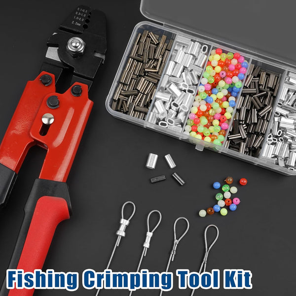 Fishing Crimping Tool Kit, High Carbon Steel Fishing Crimping Pliers Wire Rope Leader Crimping Tool with 500pcs Fishing Crimp Sleeves Beads Set, 4