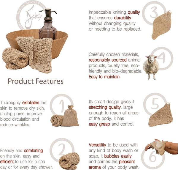 Natural Loofah Exfoliating Body Scrubber, Handmade Durable Wash Cloth, Back Scrubber with Handles for Bath and Shower, Deep Clean, Skin Care,