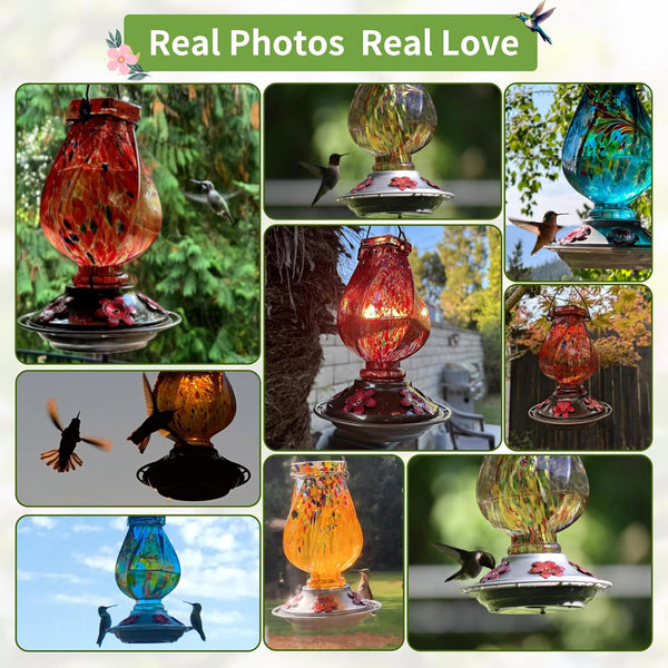 BOLITE Hummingbird Feeders for Outdoors Hanging, Hand Blown, Red, 22oz | Glass Hummingbird Feeder with Ant Moat, 5 Bee-Proof Ports, Leak-Proof,