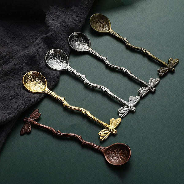 Retro Dragonfly Spoon Coffee,Teaspoon Stainless Steel Tableware Creative Sugar,Tea Spoon Stir Bar, Dessert, Cake, Long Handle Spoons Kitchen