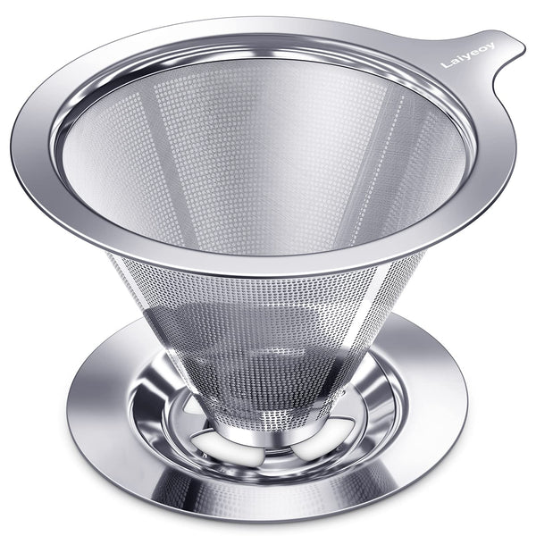 Laiyeoy Pour Over Coffee Dripper, Slow Drip Paperless Coffee Filter, Stainless Steel Pour Over Coffee Maker for Single Cup Brew, Double Mesh