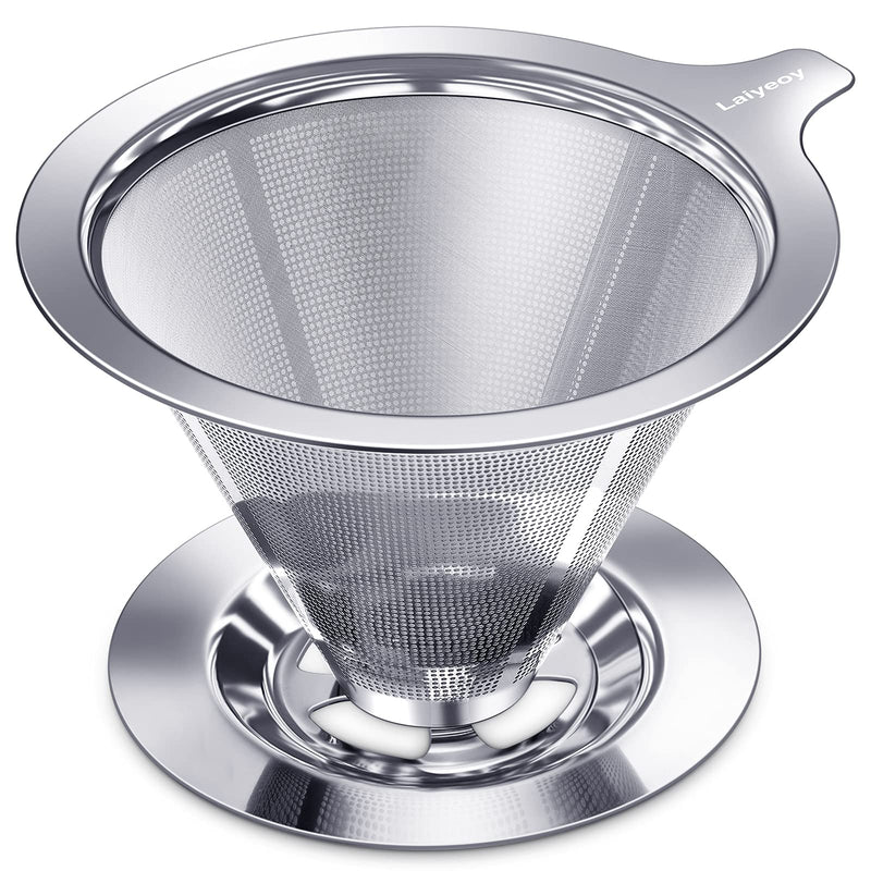 Laiyeoy Pour Over Coffee Dripper, Slow Drip Paperless Coffee Filter, Stainless Steel Pour Over Coffee Maker for Single Cup Brew, Double Mesh