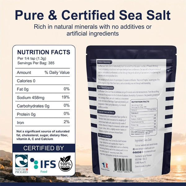 Le Marinier Celtic Salt Organic Grey Coarse, 1.1lb - 18oz. Mineral Rich 100% Natural and Unrefined French Sea Salt Organic. Hand Harvested Mineral