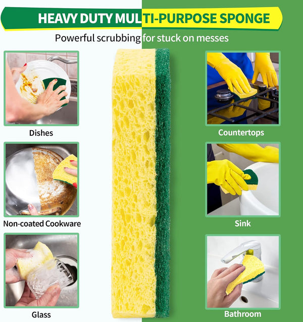 HOMERHYME Heavy Duty Scrub Sponge 24 Pack, Eco Cellulose Kitchen Dish Sponge Multipurpose Ergonomic for Washing Dishes, Uncoated Cookware &