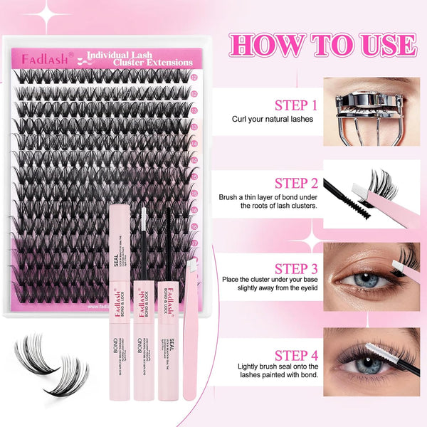 FADLASH DIY Lash Extension Kit Individual Lashes Cluster D Curl Eyelash Extension Kit with Lash Bond and Seal and Lash Applicator Tool for Self