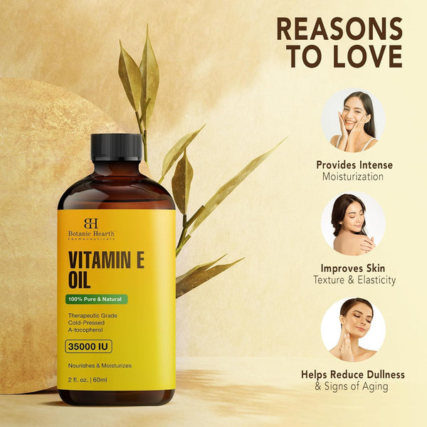 Botanic Hearth Vitamin E Oil 2 Fl Oz |100% Pure and Natural- Cold Pressed & Hexane Free Natural Hair Growth Oil for Eyelashes, Eyebrows, Skin,