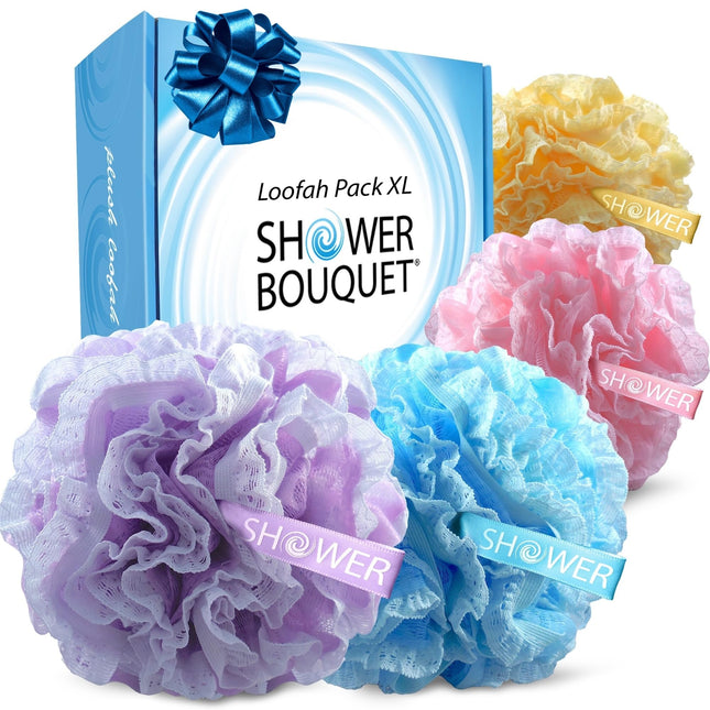 Loofah-Bath-Sponge Lace-Mesh-Set // 2-Scrubs-in-1 by Shower Bouquet/Large Full 60g Pouf (4 Pack Spa Colors) Body Luffa L