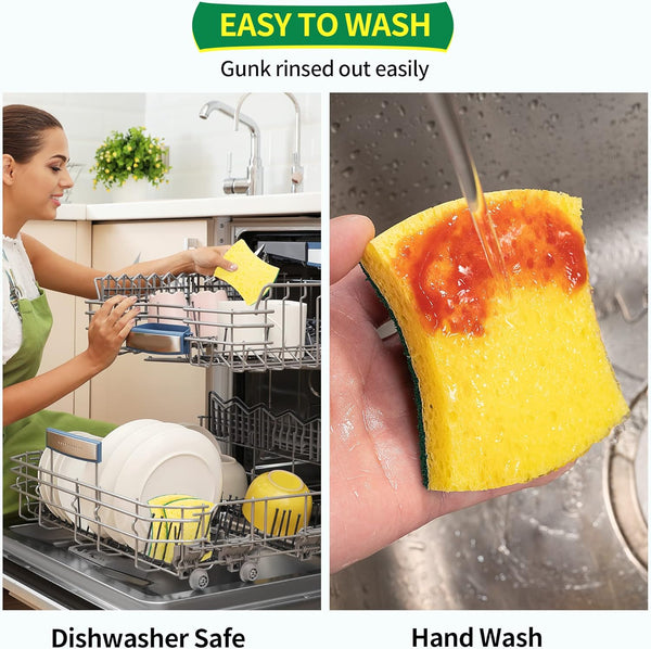 HOMERHYME Heavy Duty Scrub Sponge 24 Pack, Eco Cellulose Kitchen Dish Sponge Multipurpose Ergonomic for Washing Dishes, Uncoated Cookware &
