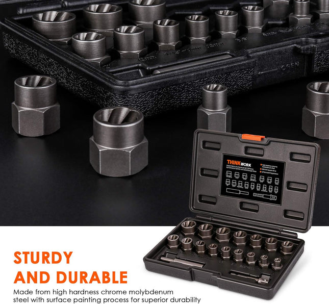 THINKWORK Bolt Extractor Kit, 18-Piece Nut Extractor Socket Set, 3/8" Drive Rounded Bolt Remover, Lug Nut Removal Tool f