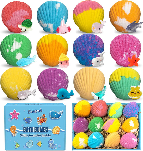 Bath Bombs for Kids with Surprise Toys Inside, 12 Pack Shell Kids Bath Bombs Gift Set for Girls Boys Birthday, Easter, Christmas, Halloween,
