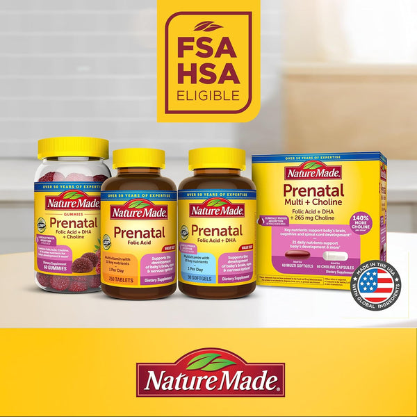 Nature Made Prenatal Multivitamin with Folic Acid, Prenatal Vitamin and Mineral Supplement for Daily Nutritional Support, 250 Tablets, 250 Day Supply