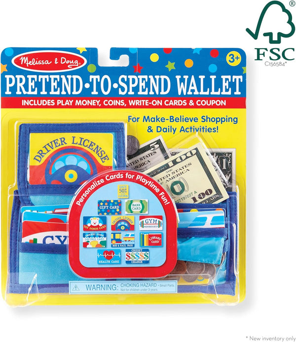 Melissa & Doug Pretend-to-Spend Toy Wallet With Play Money and Cards (45 pcs), Blue - FSC Certified