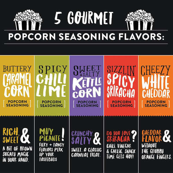 Urban Accents Movie Night Popcorn Gift Set – Includes 3 Gourmet Popcorn Kernel Varieties & 5 Flavorful Seasonings – Perfect Snack Gift Box for