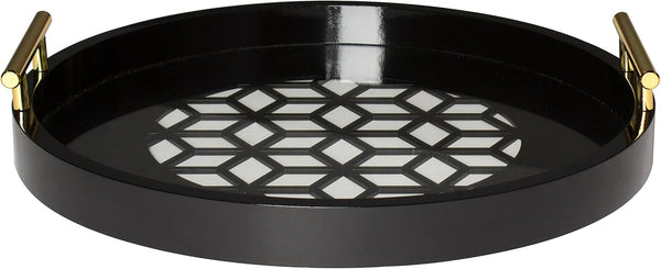 Kate and Laurel Caspen Round Cut Out Pattern Decorative Tray with Gold Metal Handles, Black 15.5" Black