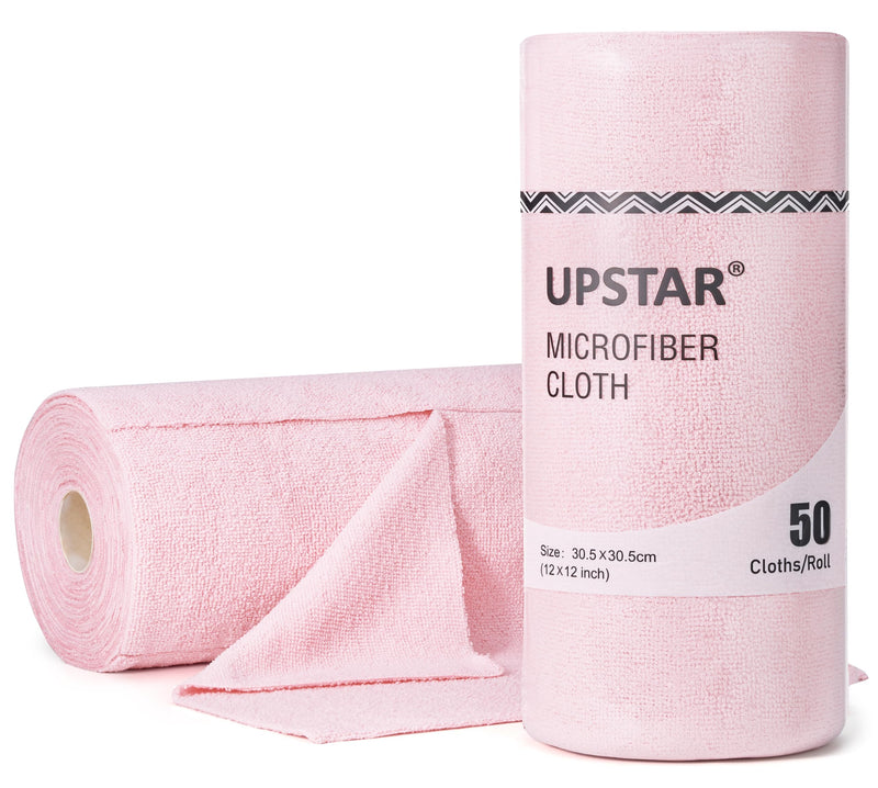 UPSTAR Microfiber Cleaning Cloth, Reusable Paper Towels Rolls, Dish Rags for Washing Dishes, Kitchen, Bathroom, Car, 12X12 Inch, 50 Packs/Roll, Pink